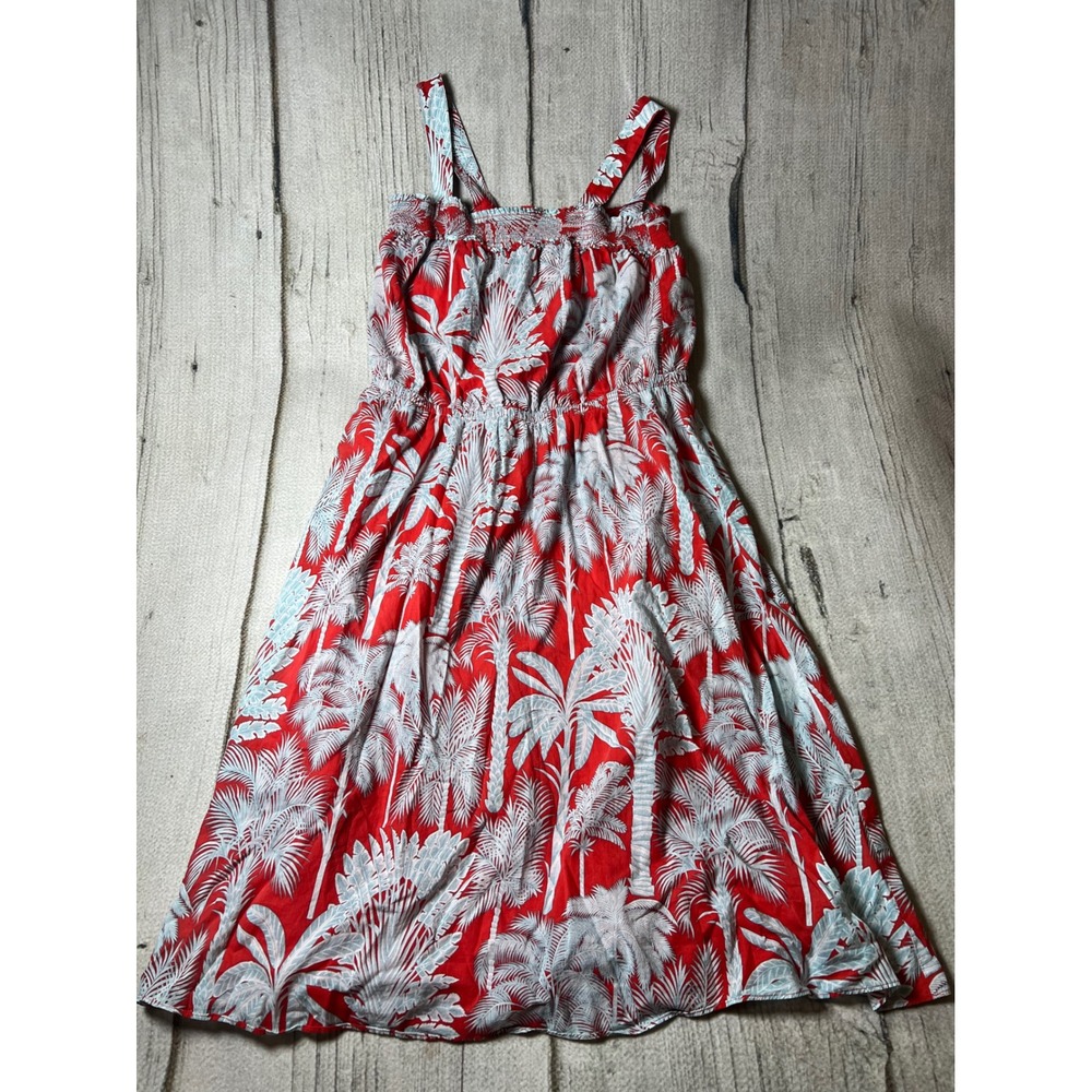Talbots Dress Women 16 Red Tropical Palm Tree Smocked Cotton Sundress Beach Boho